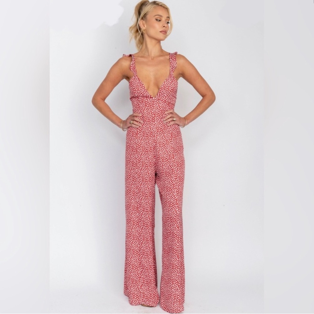 RESA Revolve Jilly Jumpsuit in Crimson Poppy Red Wide Leg Small